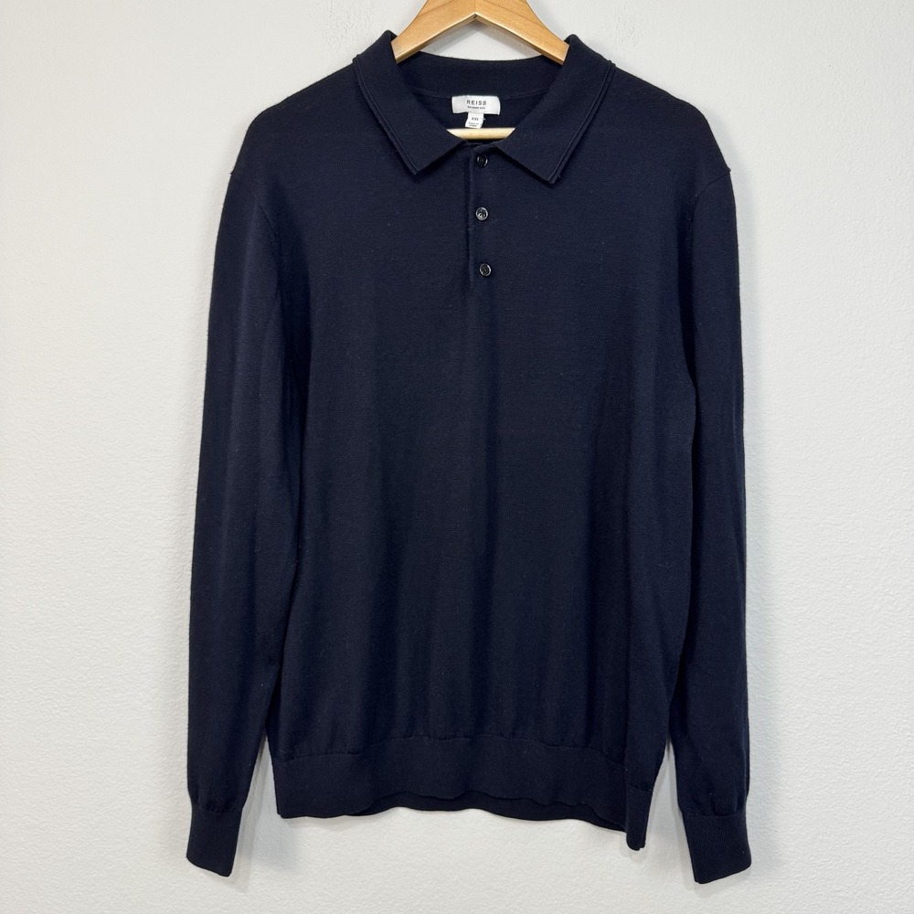 Reiss Sweater Mens 2XL Navy Merino‎ Wool Polo Collar Long Sleeve Knit Pullover